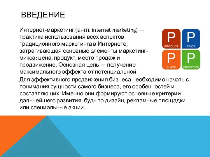 ВВЕДЕНИЕ Интернет-маркетинг (англ. internet marketing) — практика использования всех аспектов традиционного