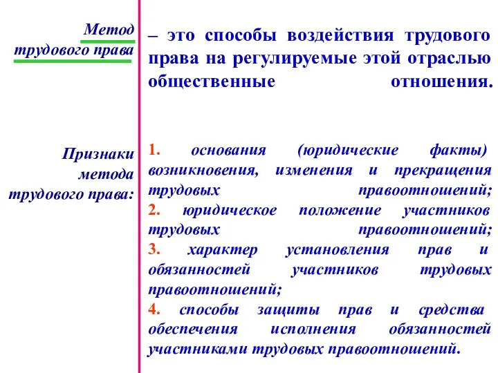 Метод трудового права – это способы воздействия трудового права на регулируемые