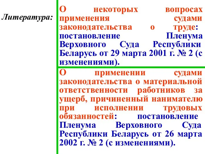 Литература: О некоторых вопросах применения судами законодательства о труде: постановление Пленума