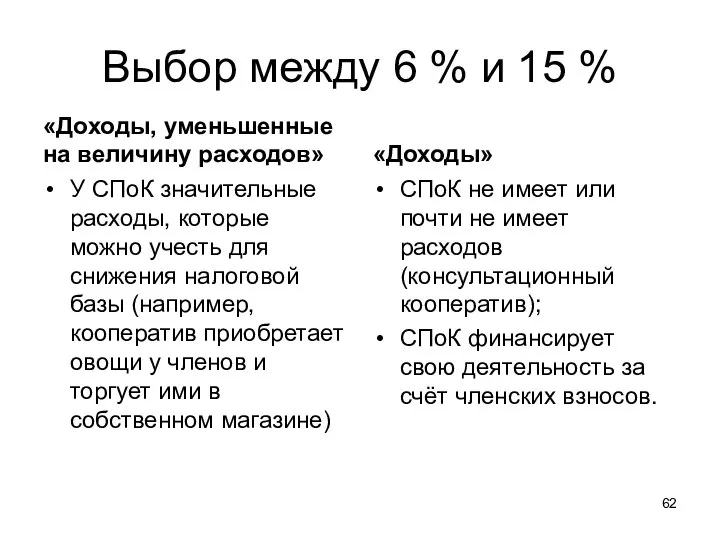 Выбор между 6 % и 15 % «Доходы, уменьшенные на величину