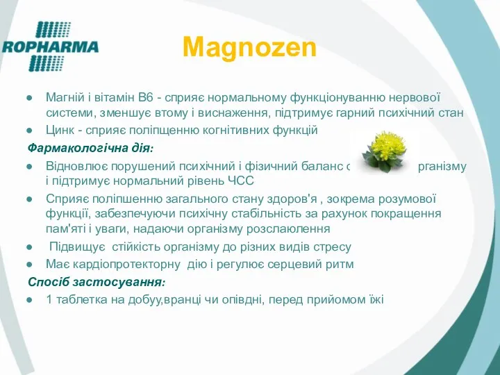 Magnozen Магній і вітамін B6 - сприяє нормальному функціонуванню нервової системи,