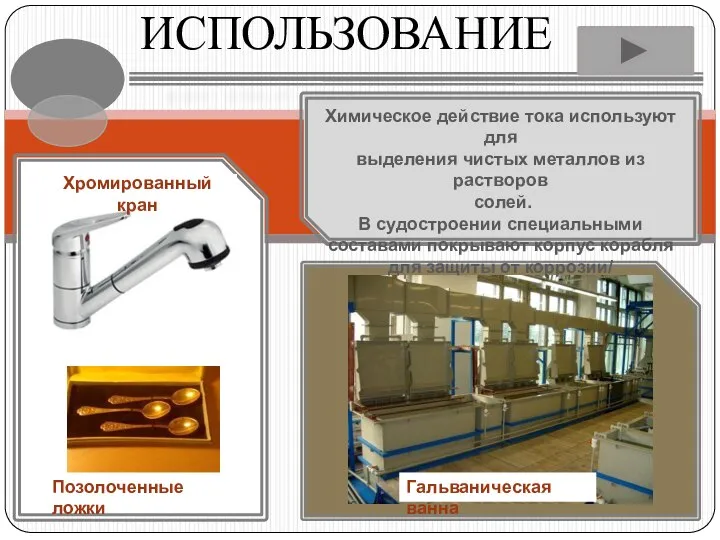 ИСПОЛЬЗОВАНИЕ Хромированный кран Позолоченные ложки Гальваническая ванна Химическое действие тока используют