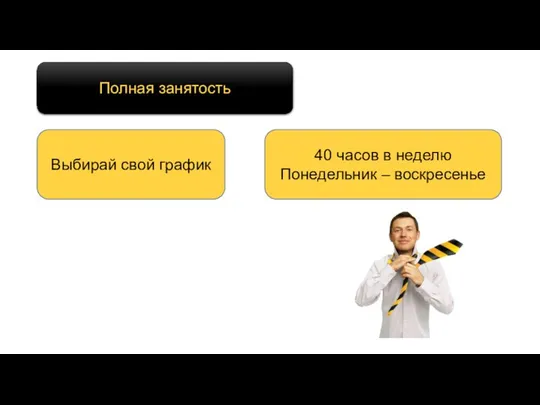 Полная занятость Выбирай свой график 40 часов в неделю Понедельник – воскресенье