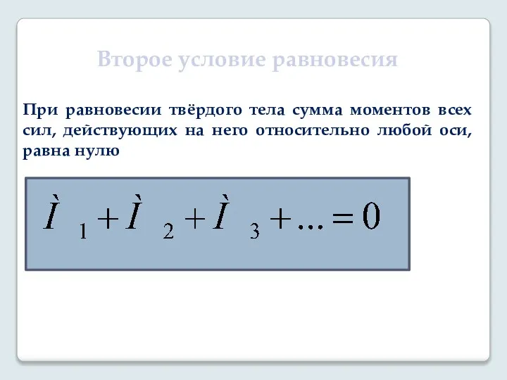 Второе условие равновесия При равновесии твёрдого тела сумма моментов всех сил,