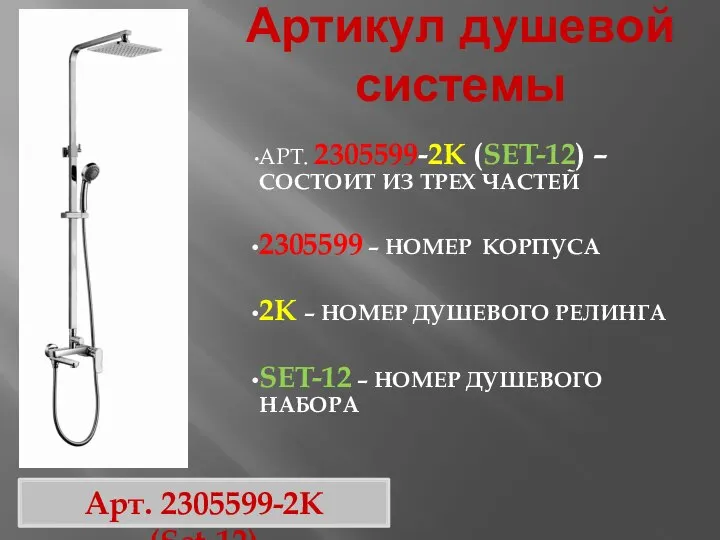 Артикул душевой системы Арт. 2305599-2K (Set-12) АРТ. 2305599-2K (SET-12) – СОСТОИТ