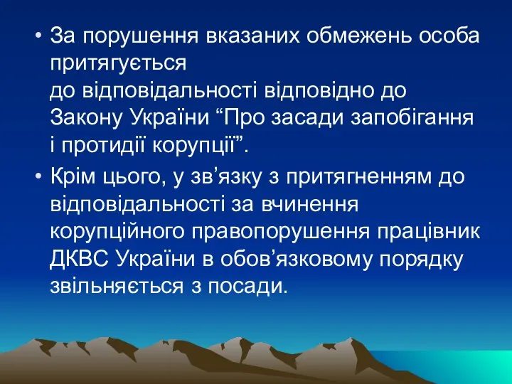 За порушення вказаних обмежень особа притягується до відповідальності відповідно до Закону