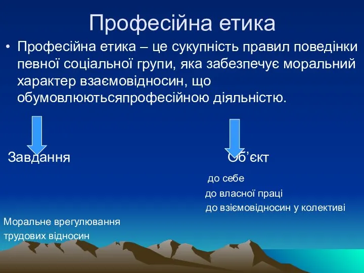 Професійна етика Професійна етика – це сукупність правил поведінки певної соціальної