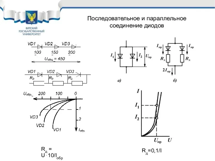 Последовательное и параллельное соединение диодов Rд = U⋅10/Iобр Rд=0,1/I