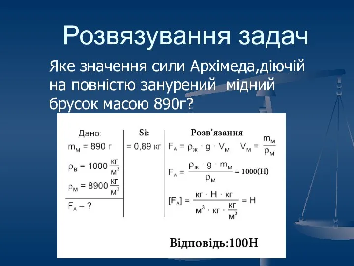 Розвязування задач Яке значення сили Архімеда,діючій на повністю занурений мідний брусок масою 890г?