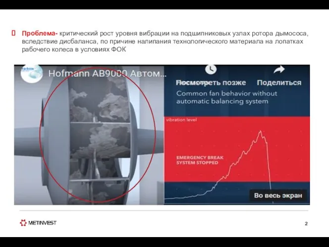 Проблема- критический рост уровня вибрации на подшипниковых узлах ротора дымососа, вследствие