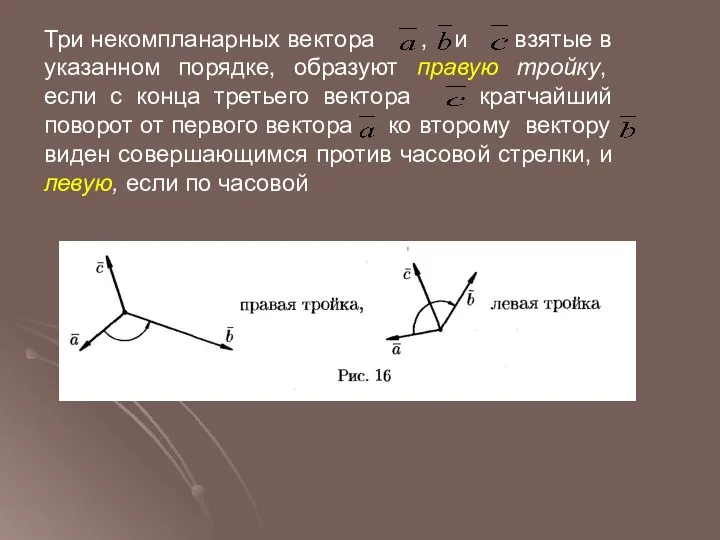 Три некомпланарных вектора , и взятые в указанном порядке, образуют правую