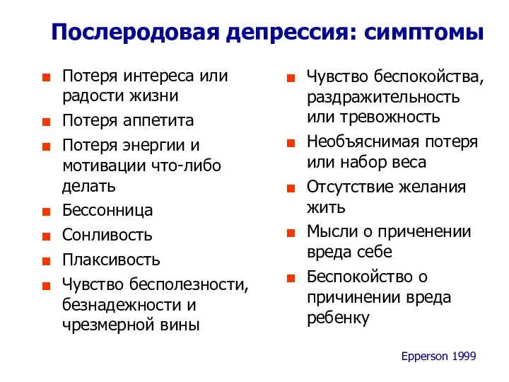 Послеродовая депрессия: симптомы Потеря интереса или радости жизни Потеря аппетита Потеря