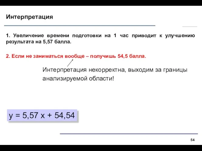 Интерпретация 1. Увеличение времени подготовки на 1 час приводит к улучшению