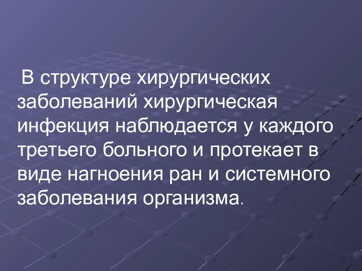 В структуре хирургических заболеваний хирургическая инфекция наблюдается у каждого третьего больного