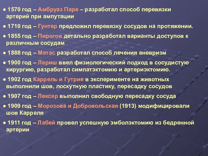 1570 год – Амбруаз Паре – разработал способ перевязки артерий при