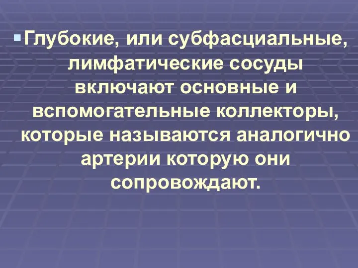 Глубокие, или субфасциальные, лимфатические сосуды включают основные и вспомогательные коллекторы, которые