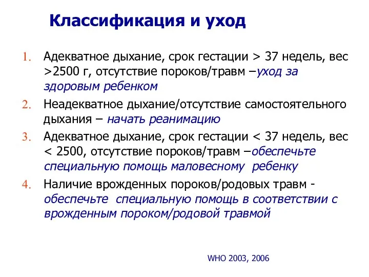 Классификация и уход WHO 2003, 2006 Адекватное дыхание, срок гестации >