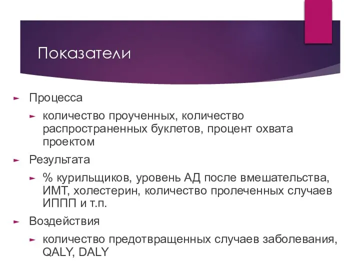 Показатели Процесса количество проученных, количество распространенных буклетов, процент охвата проектом Результата