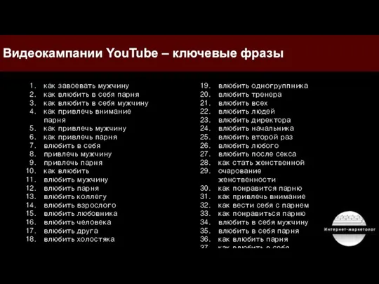 Видеокампании YouTube – ключевые фразы как завоевать мужчину как влюбить в