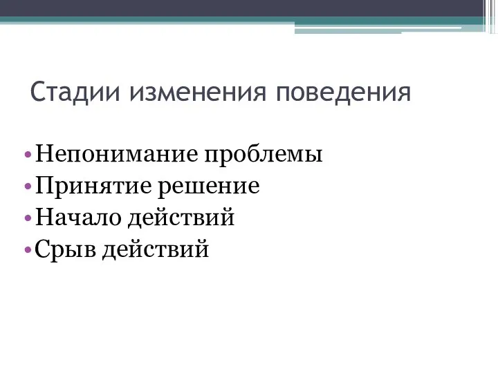 Стадии изменения поведения Непонимание проблемы Принятие решение Начало действий Срыв действий