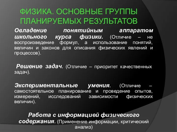 ФИЗИКА. ОСНОВНЫЕ ГРУППЫ ПЛАНИРУЕМЫХ РЕЗУЛЬТАТОВ Овладение понятийным аппаратом школьного курса физики.