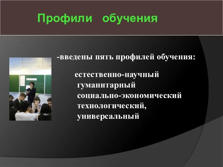 Профили обучения введены пять профилей обучения: естественно-научный гуманитарный социально-экономический технологический, универсальный - -