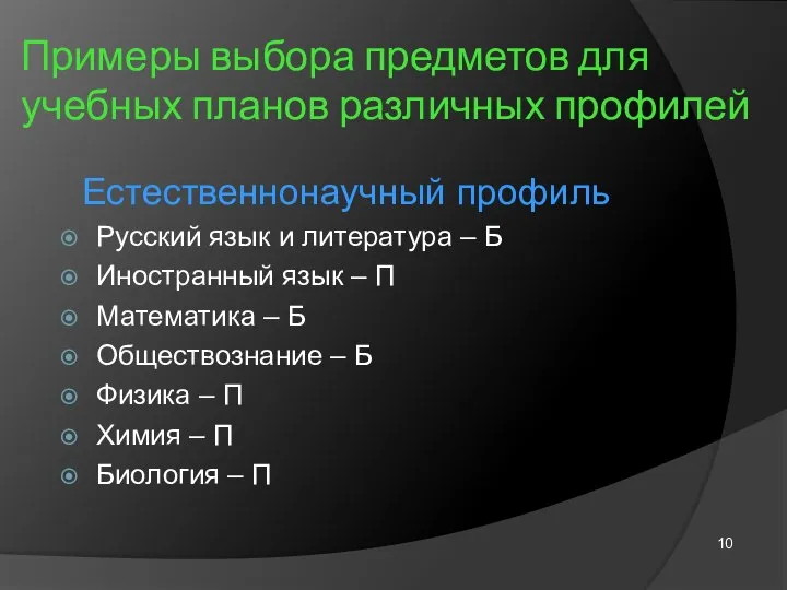 Примеры выбора предметов для учебных планов различных профилей Естественнонаучный профиль Русский