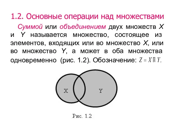 1.2. Основные операции над множествами Суммой или объединением двух множеств Х