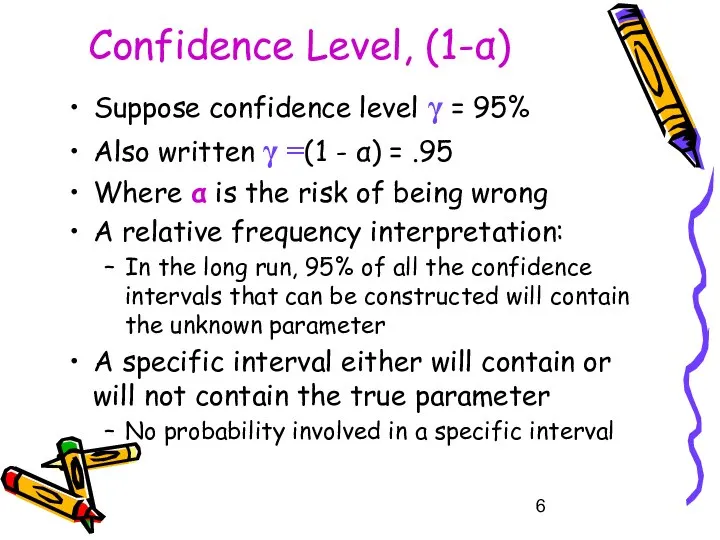 Confidence Level, (1-α) Suppose confidence level γ = 95% Also written
