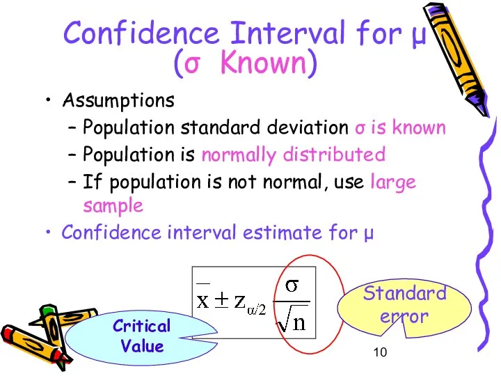 Confidence Interval for μ (σ Known) Assumptions Population standard deviation σ