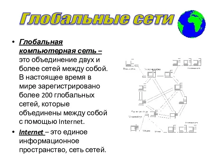 Глобальная компьютерная сеть –это объединение двух и более сетей между собой.