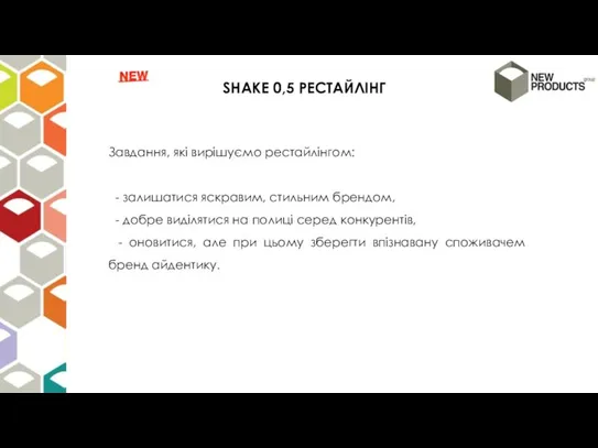 SHAKE 0,5 РЕСТАЙЛІНГ Завдання, які вирішуємо рестайлінгом: - залишатися яскравим, стильним