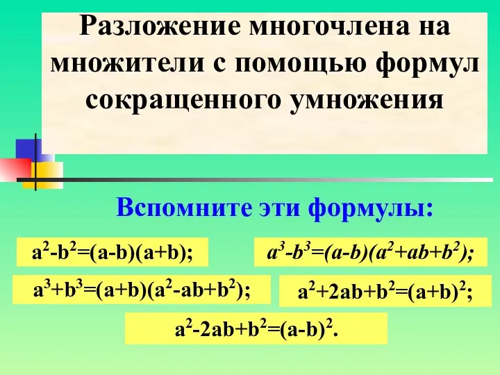 Разложение многочлена на множители с помощью формул сокращенного умножения Вспомните эти