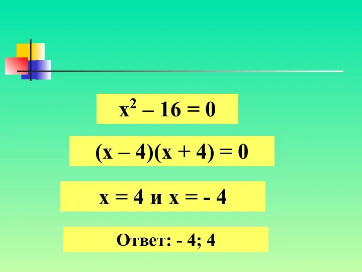 х2 – 16 = 0 (х – 4)(х + 4) =