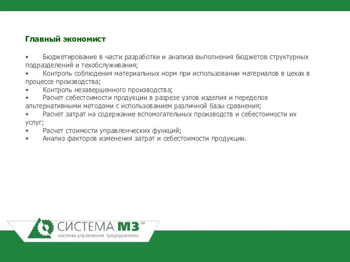 Главный экономист • Бюджетирование в части разработки и анализа выполнения бюджетов