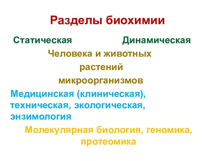 Разделы биохимии Статическая Динамическая Человека и животных растений микроорганизмов Медицинская (клиническая),