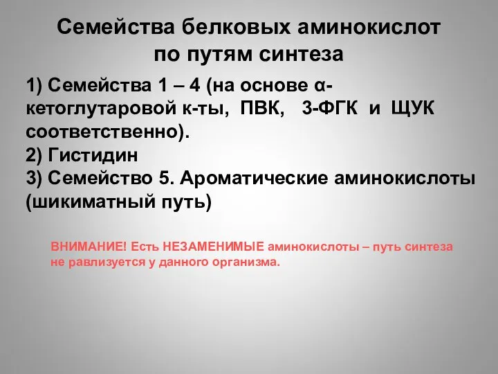 Семейства белковых аминокислот по путям синтеза 1) Семейства 1 – 4