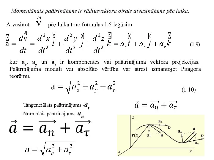 Momentānais paātrinājums ir rādiusvektora otrais atvasinājums pēc laika. Atvasinot pēc laika