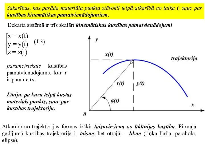 x = x(t) y = y(t) z = z(t) parametriskais kustības