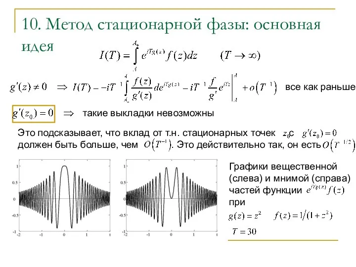 10. Метод стационарной фазы: основная идея Графики вещественной (слева) и мнимой