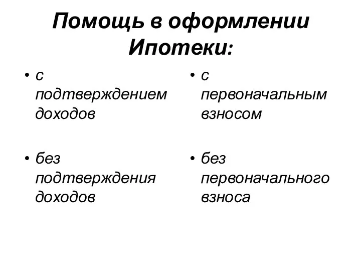 Помощь в оформлении Ипотеки: с подтверждением доходов без подтверждения доходов с первоначальным взносом без первоначального взноса