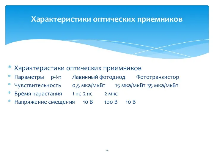 Характеристики оптических приемников Параметры p-i-n Лавинный фотодиод Фототранзистор Чувствительность 0,5 мкa/мкВт