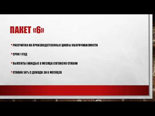 ПАКЕТ «6» РАССЧИТАН НА ПРОИЗВОДСТВЕННЫЕ ЦИКЛЫ ОБОРАЧИВАЕМОСТИ СРОК 1 ГОД ВЫПЛАТЫ