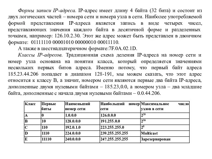 Формы записи IP-адреса. IP-адрес имеет длину 4 байта (32 бита) и