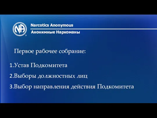 Narcotics Anonymous Анонимные Наркоманы Первое рабочее собрание: Устав Подкомитета Выборы должностных лиц Выбор направления действия Подкомитета