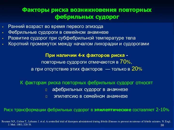 Факторы риска возникновения повторных фебрильных судорог Ранний возраст во время первого