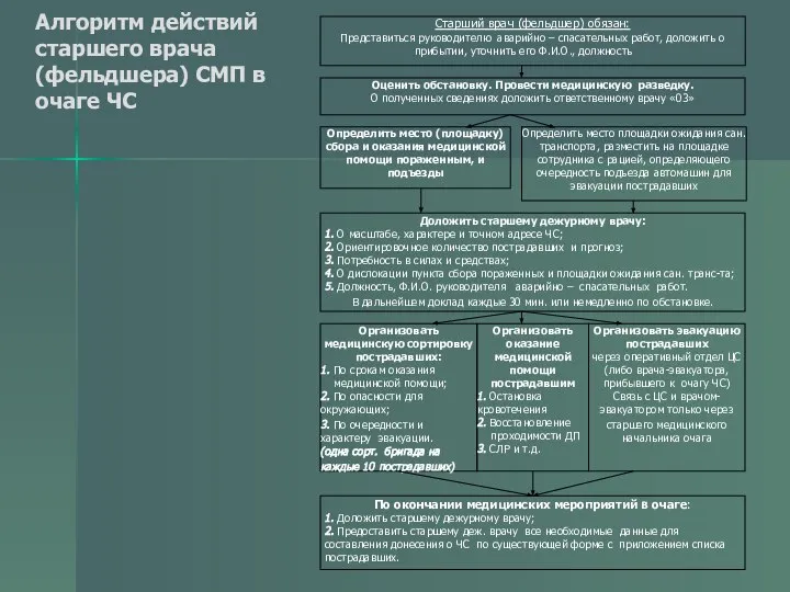 Алгоритм действий старшего врача (фельдшера) СМП в очаге ЧС