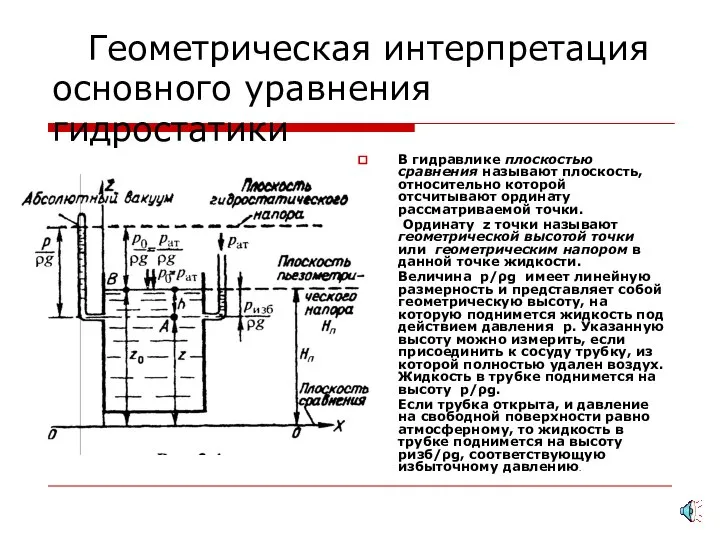 Геометрическая интерпретация основного уравнения гидростатики В гидравлике плоскостью сравнения называют плоскость,