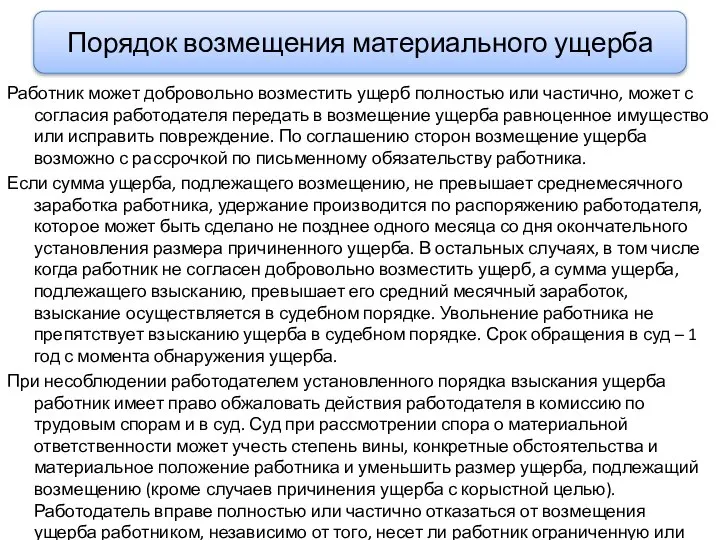 Работник может добровольно возместить ущерб полностью или частично, может с согласия