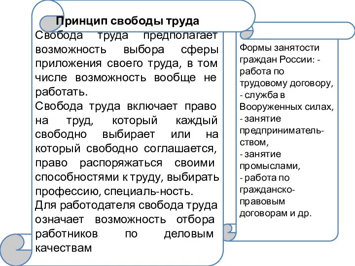 Формы занятости граждан России: - работа по трудовому договору, - служба